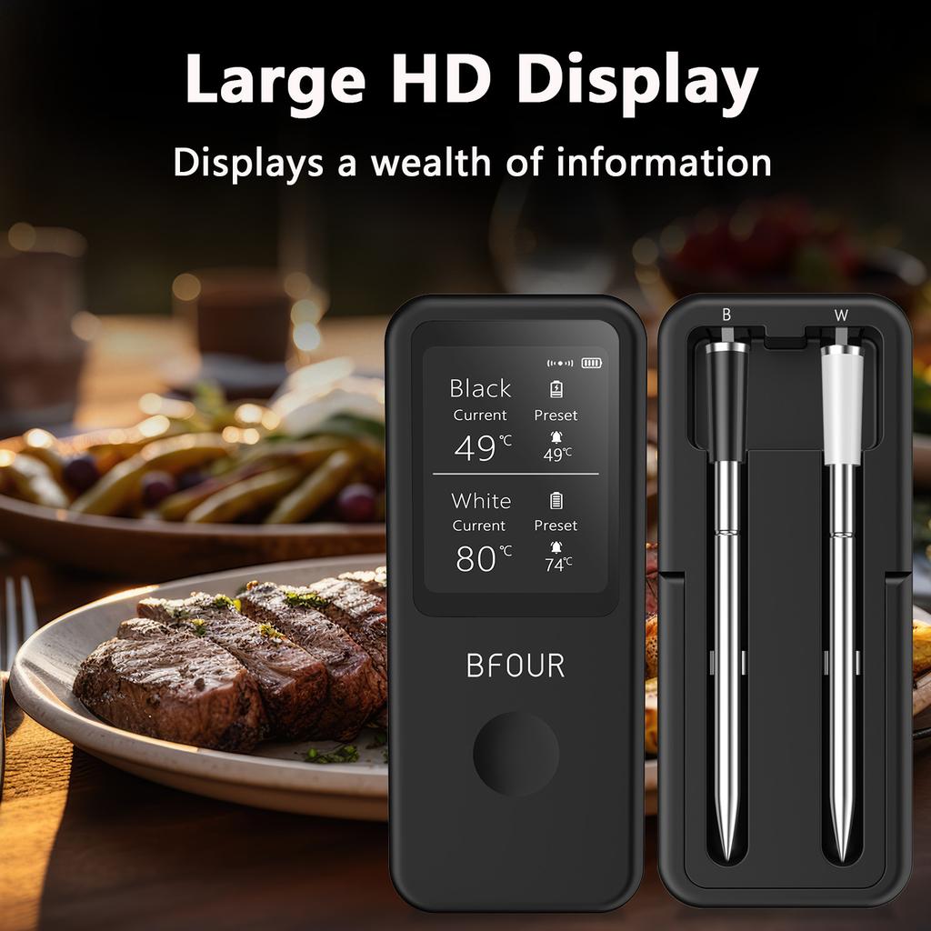 Wireless Bluetooth Meat Thermometer Digital Probes with HD Display & APP Monitoring for Rotisserie Grill BBQ Smoker Steak