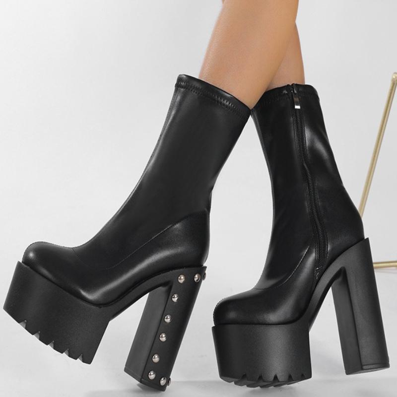Fashion 14 Cm Super High Heel Platform Boots Women Black Rivets Punk Style Ankle Boots for Women 43 Large Size Side Zipper Modern Boots