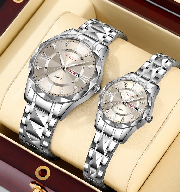SKMEI 9369 Hochwertige Beliebte Luxus-Uhr Edelstahl-Anhänger Analog Wasserdicht Business Klassisch Quarz Paar-Armbanduhr