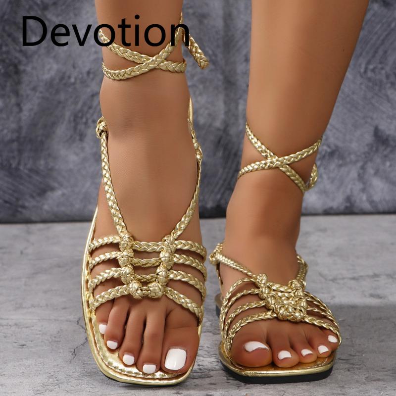 Casual Ankle Straps Strappy Shoes Flat Sandals Women's Woven Straps Open-toe Beach Flip-flops Devotion