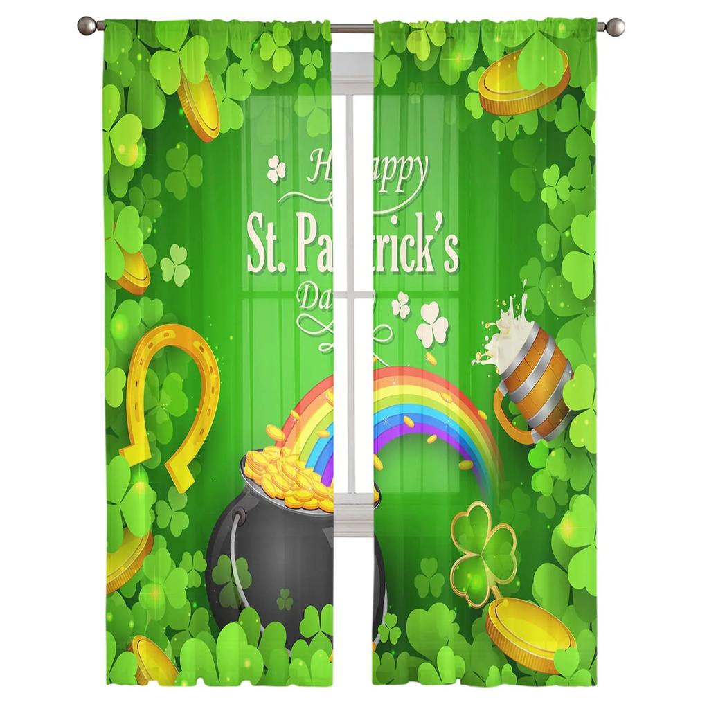 St Patrick Day Curtains Shamrocks Gold Beer Hat Voile Curtain Green Lucky Leaves Window Drapes Bedroom Living Room Sheer For Area Made Of Polyester