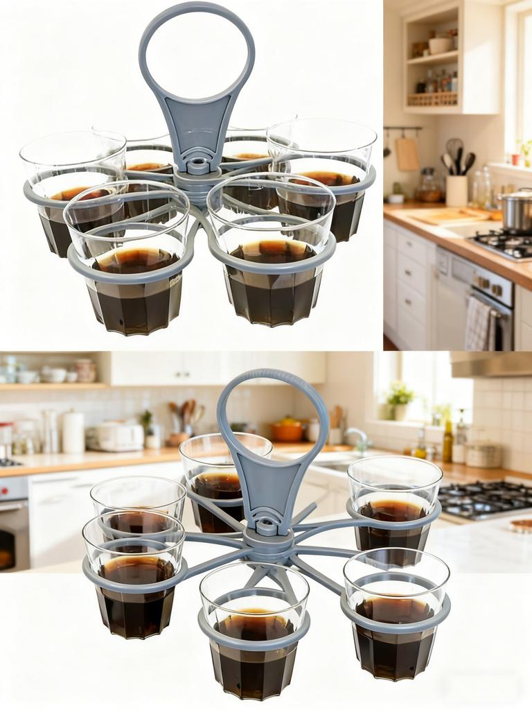 6 Cups Foldable Glass Carousel Holder Coffee Cup Handle Drinking Bottle Bracket Portable Anti Scalding Camping Party Bar Home