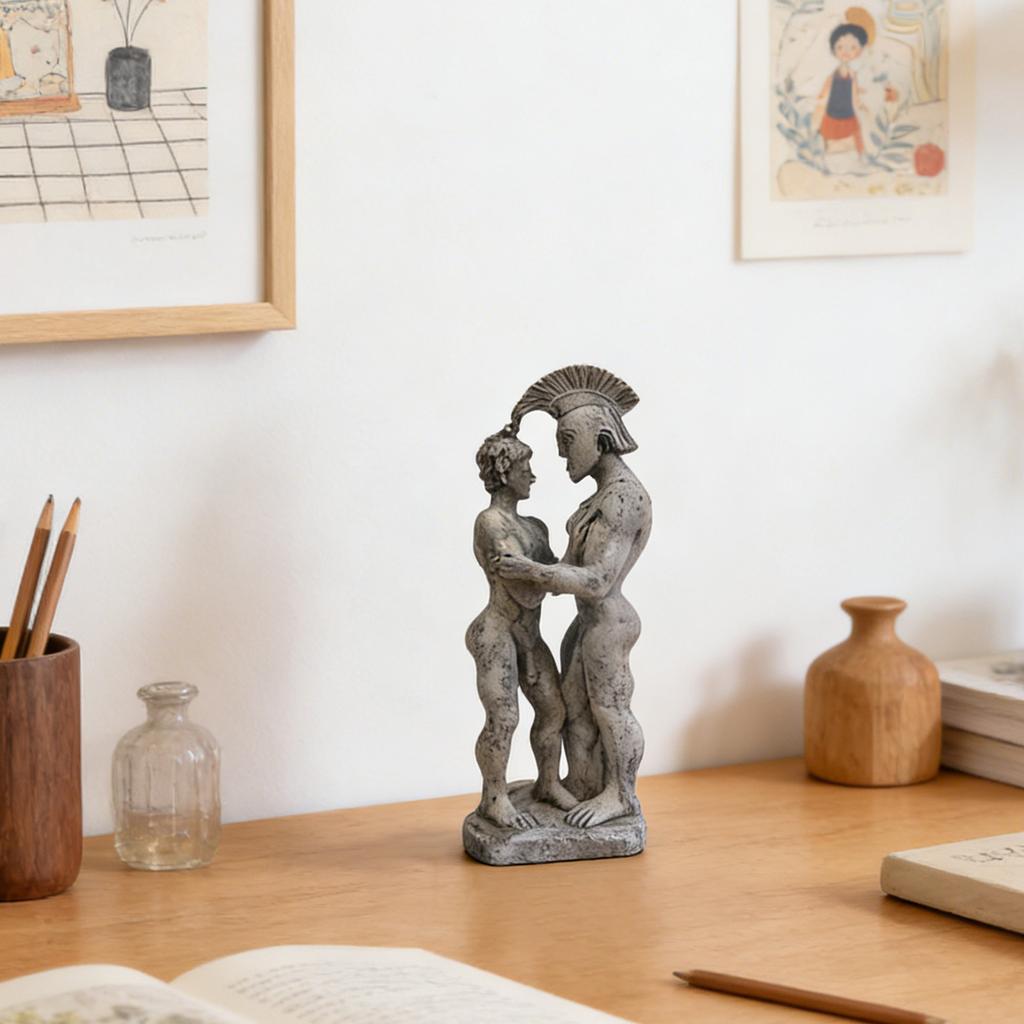 Resin Sculpture Statue of Two Standing Male Figures One Wearing a Helmet Detailed Textured Finish for Home Decor Indoor Use