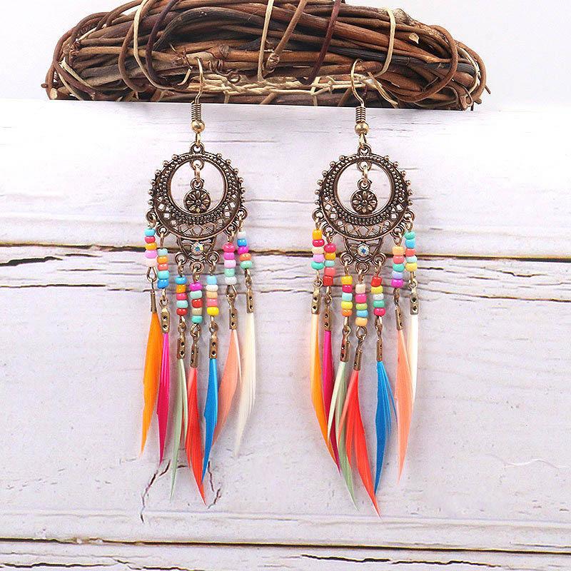 Bohemian Feather Earrings 2024 Ethnic Vintage Rainbow Colorful Beads Feather Tassle Earrings For Women Hawaiian Jewelry
