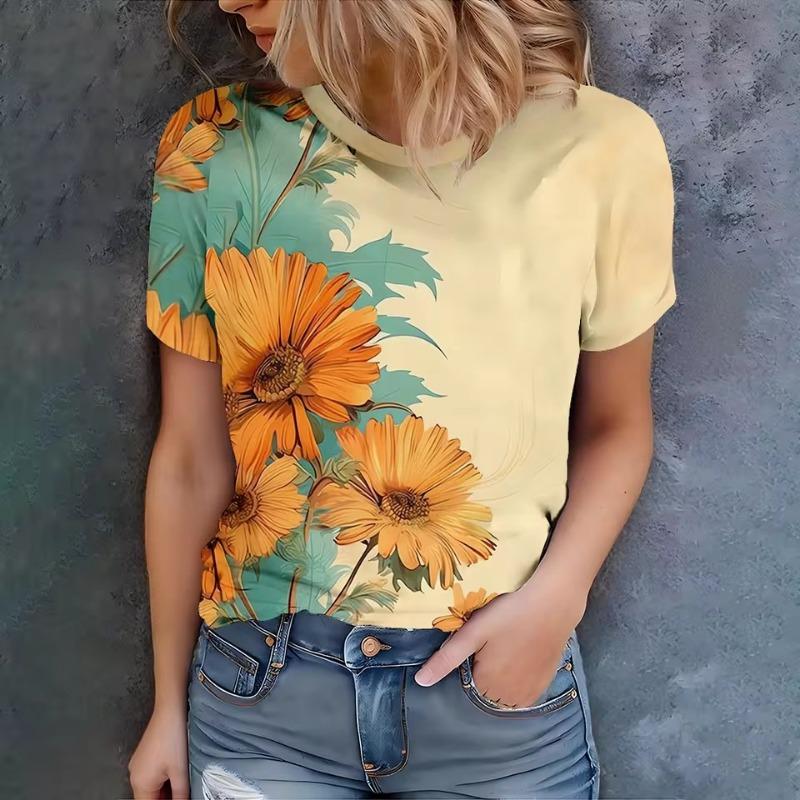 

Summer Romantic Countryside Purple and White 3D Floral Print Daily Casual Versatile Women s Short Sleeved T-shirt S