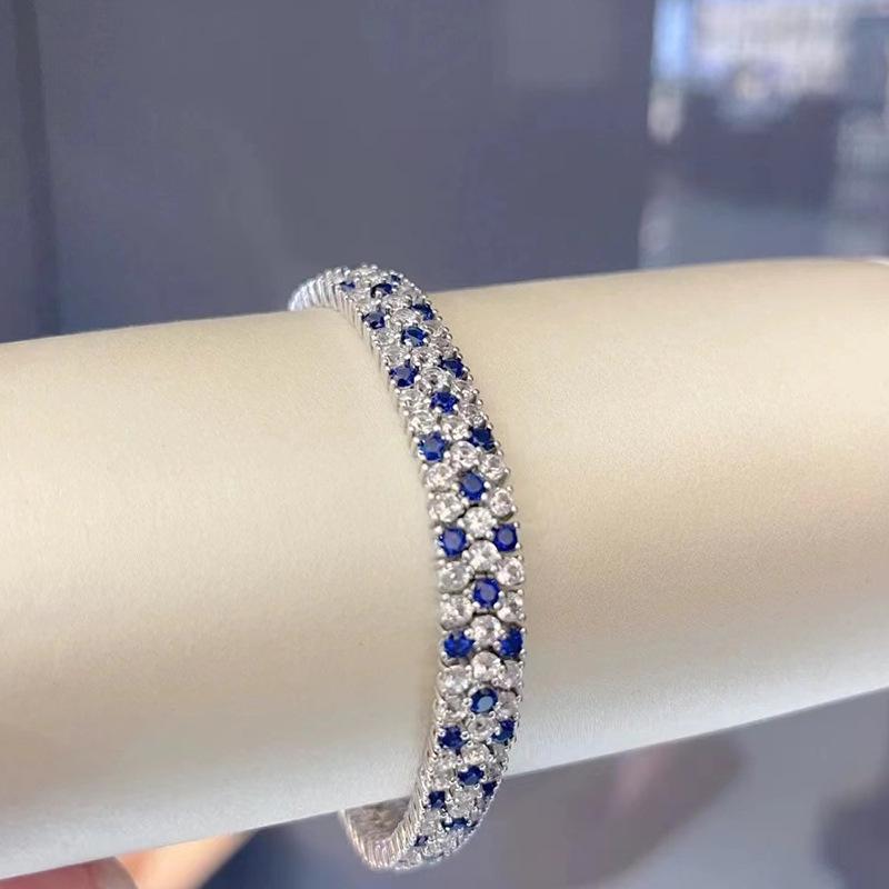 

S925 Sterling Silver Bracelet with Royal Blue Diamonds - 2024 Mingyuan Ins Style 16 cm