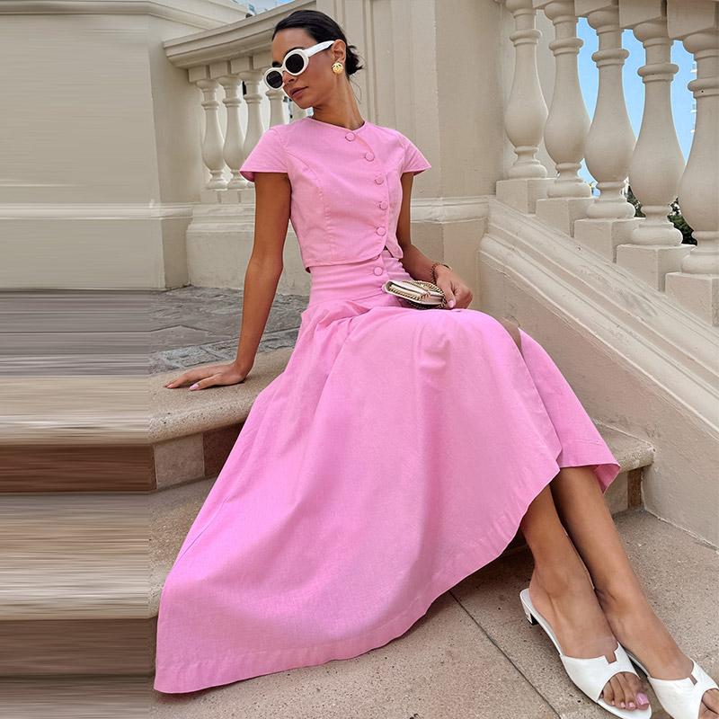 Women's Skirt Set Solid Color O-neck Short Sleeved Slim Top A-line Loose Short Skirt 2025 Summer New Fashion Women's Two-piece Set