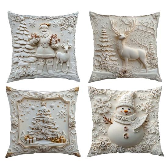 4Pcs Christmas Throw Pillow Cover White Santa Claus Snowman Xmas Tree Reindeer Cushion Cover Xmas Decorative Pillow Cover for Home Sofa Bed Couch
