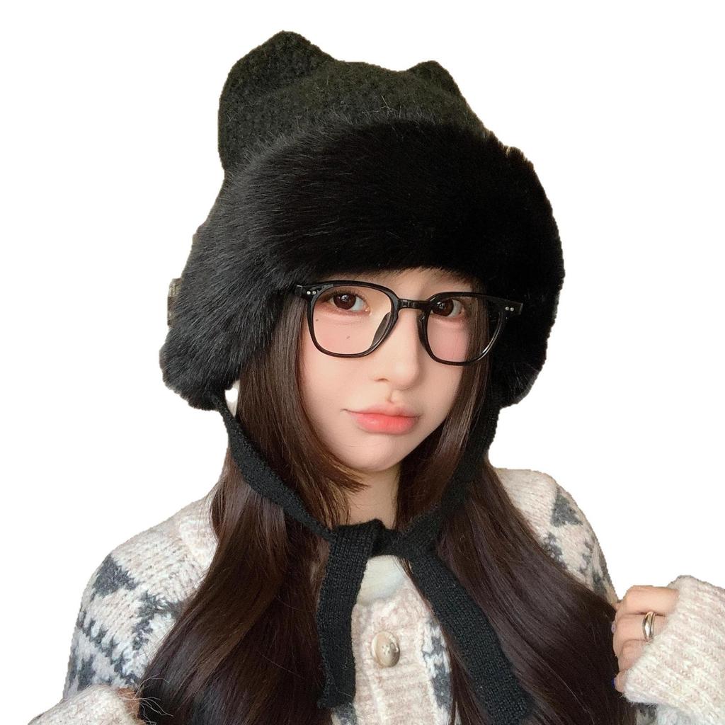Neue Plüschbärenmütze Damen Herbst und Winter Niedliches Gesicht Freilassend Klein Winddicht Warm Ohrenschutz Vielseitige Pullovermütze