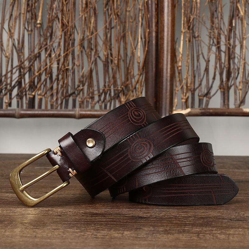 3.3Cm Wide Retro Personalized Embossed Belt Men'S Genuine Leather First Layer Cowhide Fashion Trend Casual Copper Buckle Belt