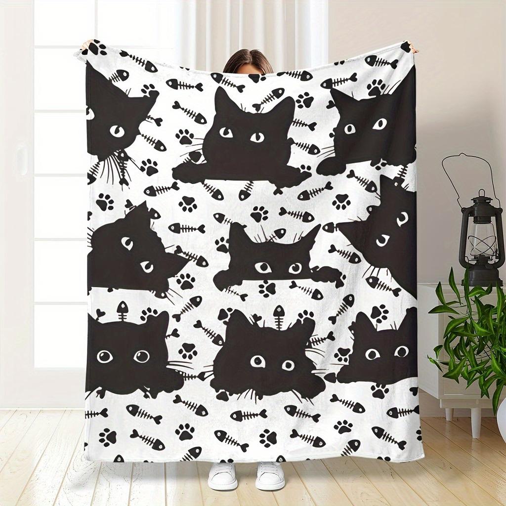 Cute cartoon black cat digitalprinted polyester Bedroom velvet flannel cover blanket Fleece soft sofa cover blankets for beds