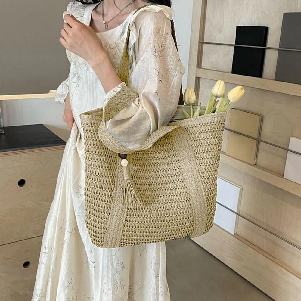 Casual Solid Color Tote Bag Large Capacity Hand Woven Shoulder Bag Tassel Pendant Square Handbag Women