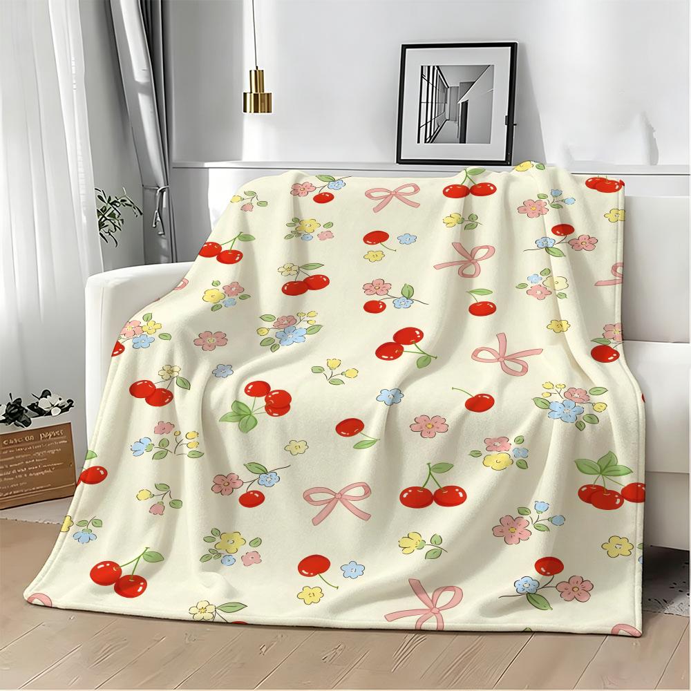 Art Illustration C-Cherry Floral Bow Throw Lightweight 240g Flannel Blanket Soft Skin-friendly for Summer Cooling