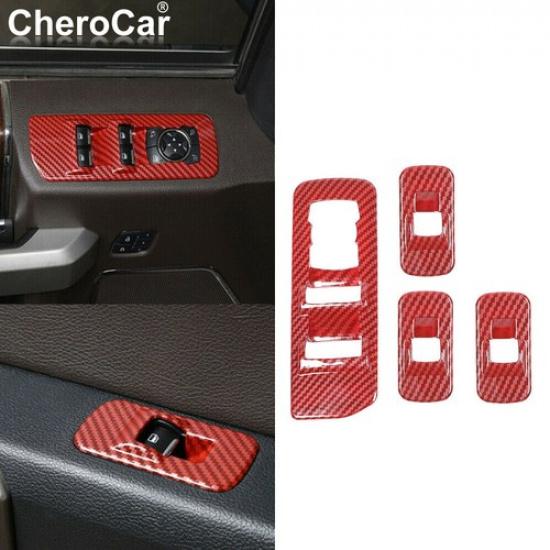 

Window Lift Switch Button Panel Cover Trim Red Carbon Fiber For 15-20 Ford F150
