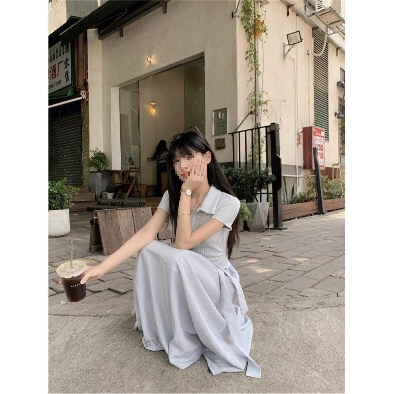 Short Sleeve POLO Neck Tie Button Splicing Dress Women's Summer New Niche Design Sense Skinny A-shaped Long Dress