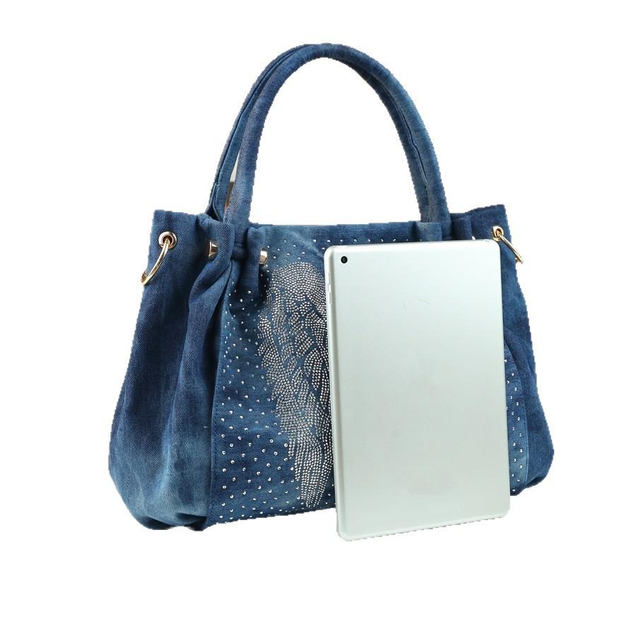 New Women's Bag, Casual Denim Bag, Handbag, Shoulder Bag, Crossbody Bag, Diamond Studded Wing Bucket Bag