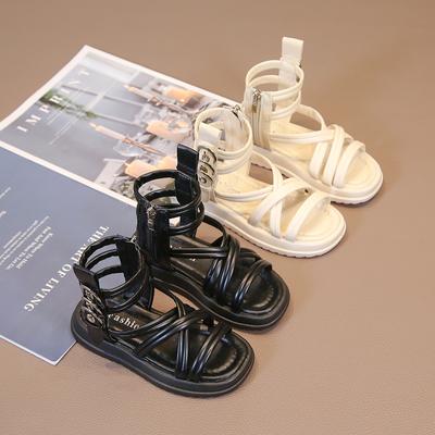 Girls Summer Gladiator Sandals with Side Zippers Metal Buckles Deco Cool Fashion 2024 Summer Brand New Kids Beach Shoes High-top