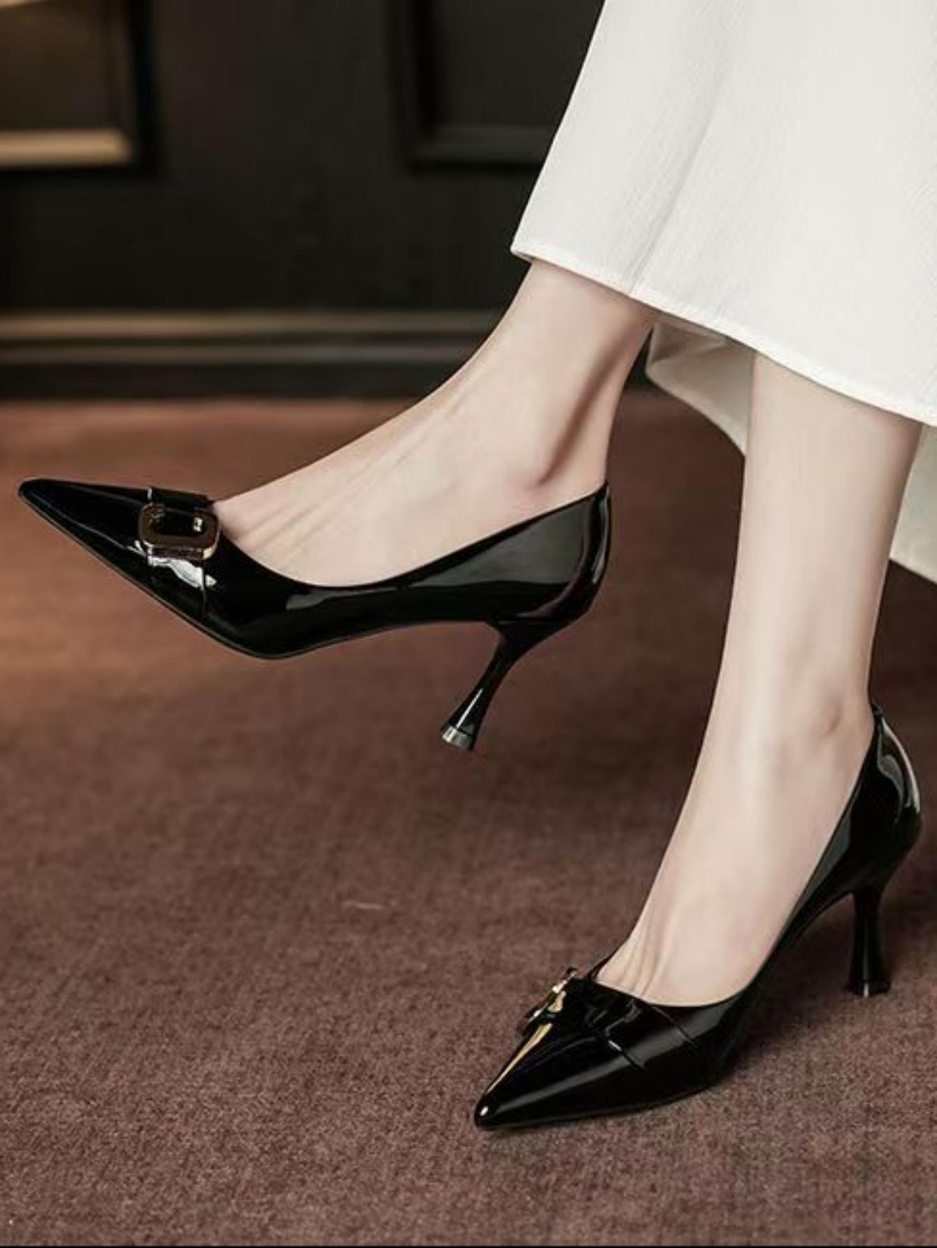 

2025 summer new women s shoes pointed thin heels high heels metal buckle dress banquet single shoes women s commuter 35