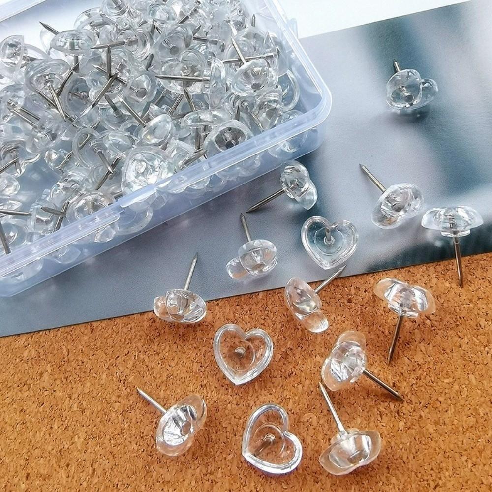 A Box Heart Shape Push Pins 50/100PCS Transparent Flower Push Pin Heart Push Pins  School