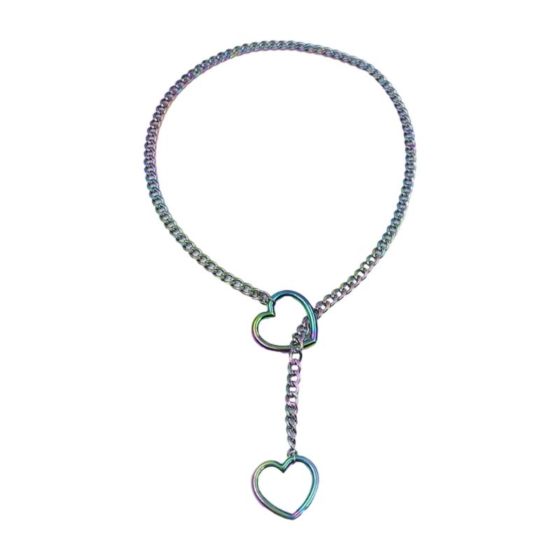 

Elegant Long Necklace Jewelry Fashion Lariat Double Heart Pendant Neckchain Choker Slip Chain Neckchain Accessories