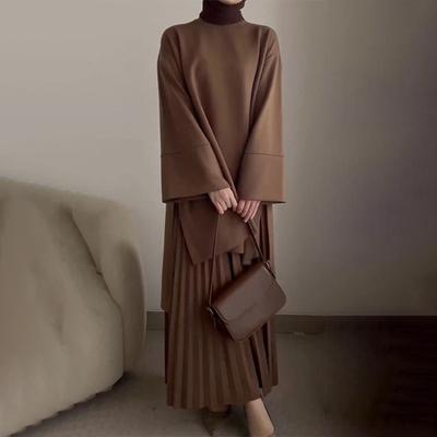 2 Pcs/Set Fall Spring Women Retro Top Skirt Set Crew Neck Long Sleeves