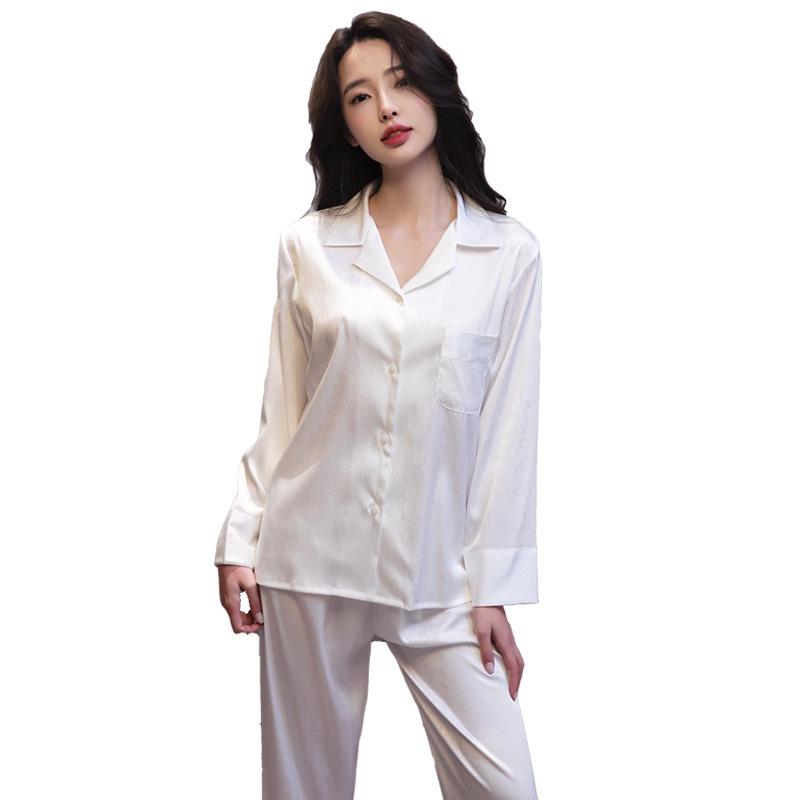 Women’s Ice Silk Pajama Set Long Sleeve Top and Pants Spring Summer Autumn Herringbone Pattern Elegant Loungewear