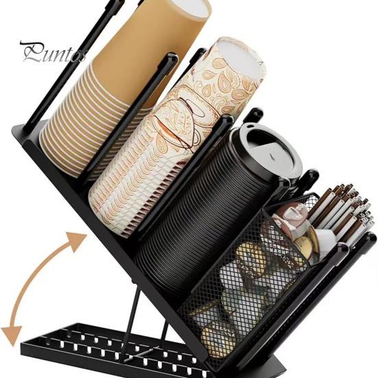 Kopphållare för kaffekoppar, organizer med lock och suporhållare, 4 fack, kaffekoppsdispenser, justerbar kaffebarsorganizer
