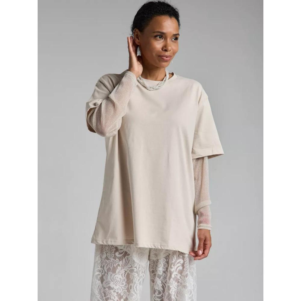 Hirsionsan Bavlněné tričko Dámské 2025 Léto Nadměrné Velikosti Patchwork z Jasného Hedvábí Dlouhý Rukáv Ležérní Volné Tričko Šik Dámské Topy