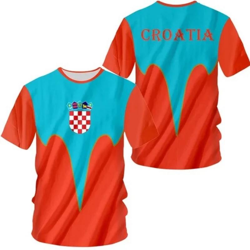 Croatia National Flag and National Emblem 3D Printing Cross-border New Men's Casual Round Neck Short-sleeved T-shirt Factory Direct Sales