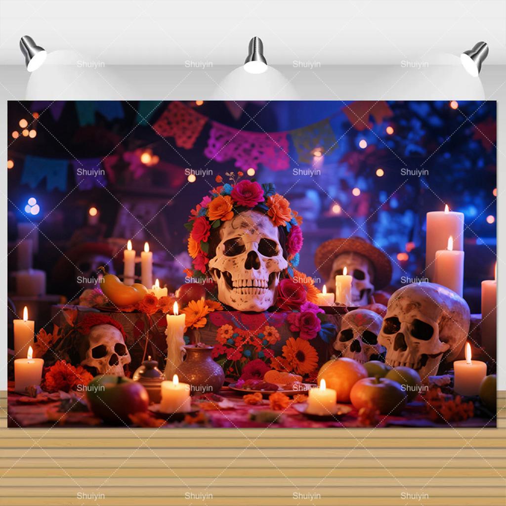 Fotografické pozadí Den mrtvých Lebka Aksamitnice Mexická Fiesta Día De Los Muertos Dekorace Potřeby na párty Foto studio Rekvizity