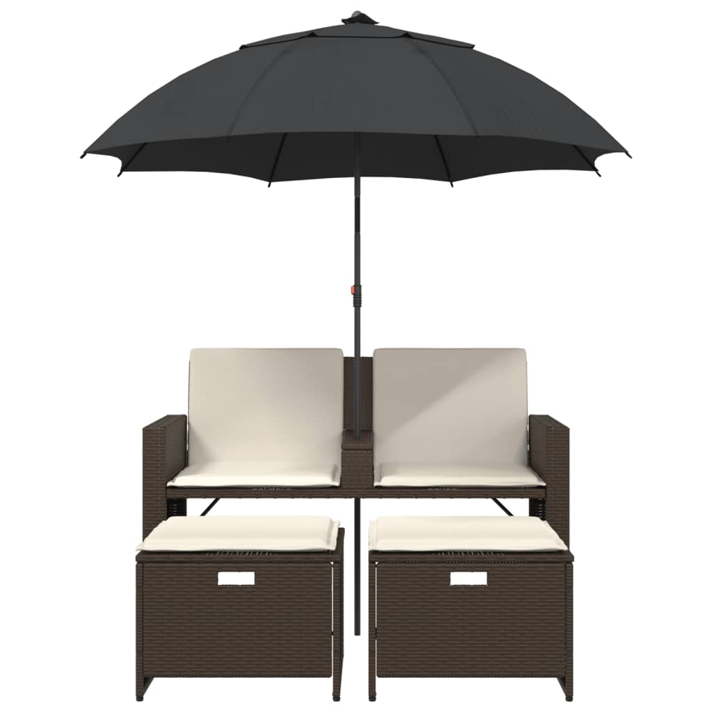 Garden Sofa 2 Seater with Sun Umbrella and Footstools Brown Poly Rattan
