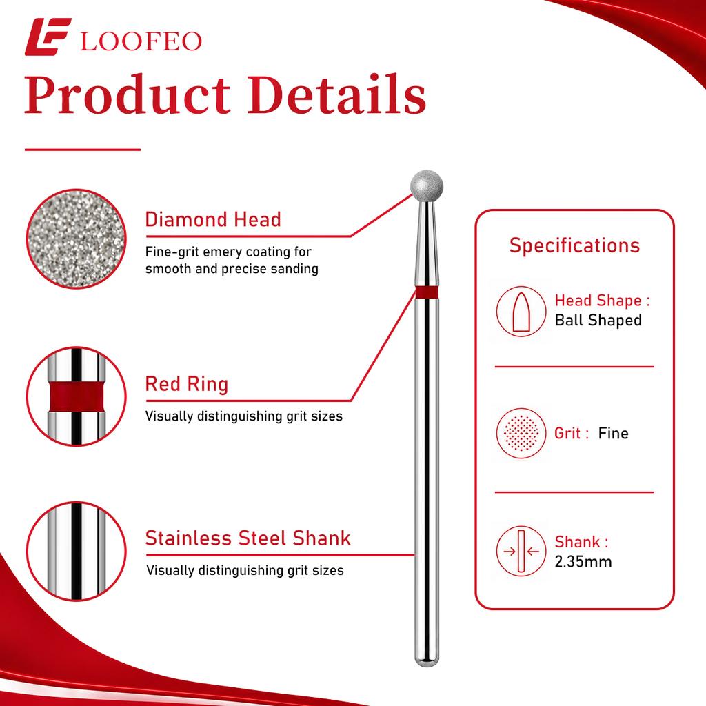 Ball Diamond Nail Drill Bit Set 1.5/2/2.5/3/3.5/4/4.5/5mm Red Fine Nail Milling Cutters Nail File Bit Sets Nail Prep Dead Skin Removal Shaping