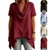 Women's Loose Fit Linen Cotton Blend Asymmetric Hem Casual Shirt Short Sleeve Draped Neck Tunic Top for Everyday Wear
