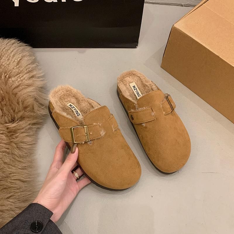 Plush women s fluffy slippers warm bag head half slippers wear winter new Doudou shoes large size 35