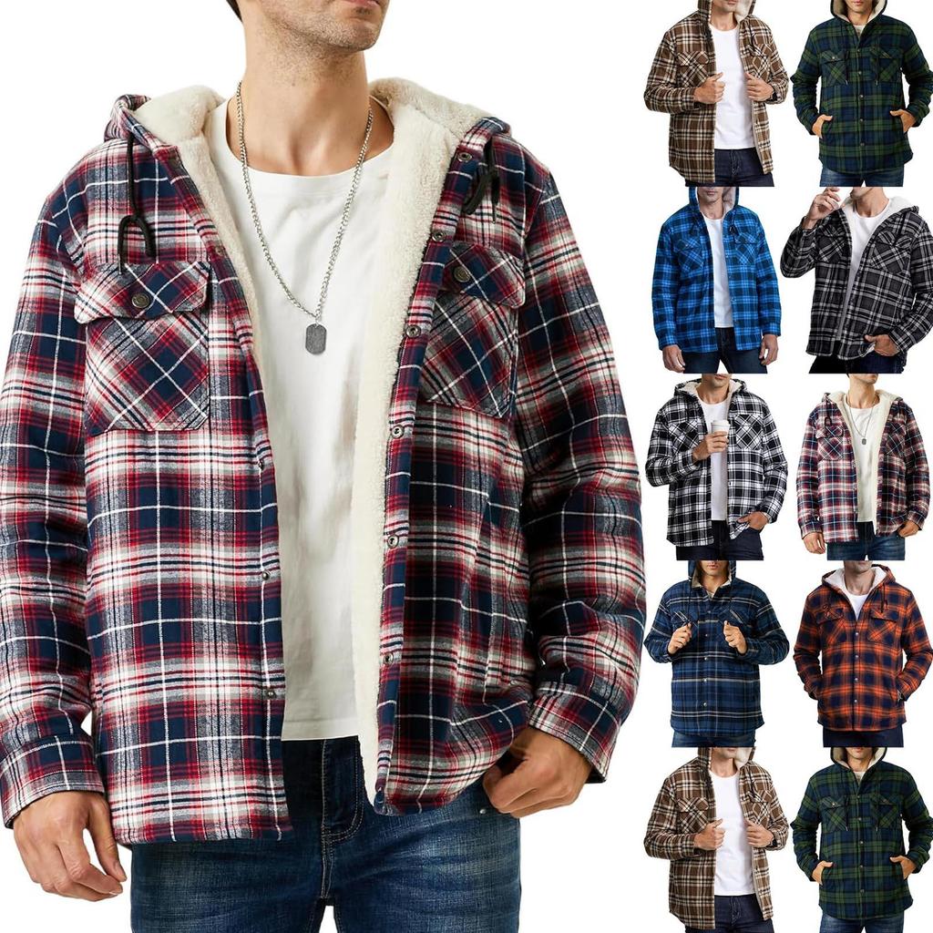 Men's Quilted Lined Button Down Plaid Shirt Add Velvet To Keep Warm Jacket With Hood