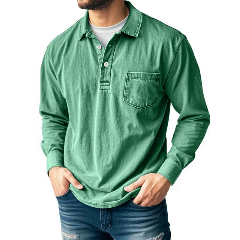 Spring Autumn Men's Retro Solid Color Cotton Polo Shirts Washed Sports Button Pocket Lapel Collar Long Sleeve Tops