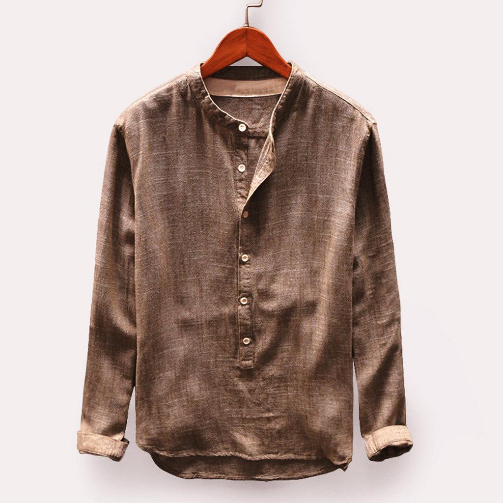 Men's Retro Shirt Solid Color Cotton Line Stand Collar Long Sleeve Large Size Shirt