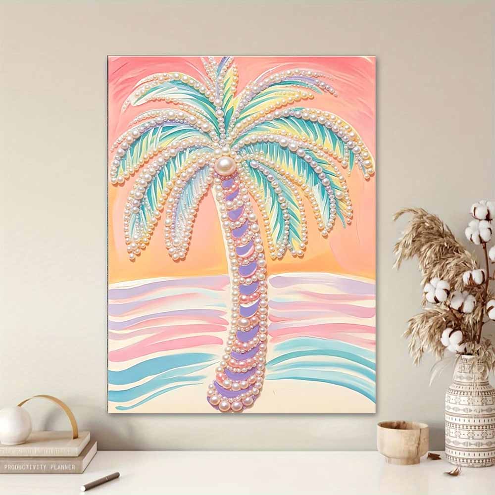 30x40cm Coconut Tree Pearl Painting Kit Frameless DIY Pearl Diamond Art for Adults & Beginners Handmade Gem Art Home Wall Decor & Gift Idea