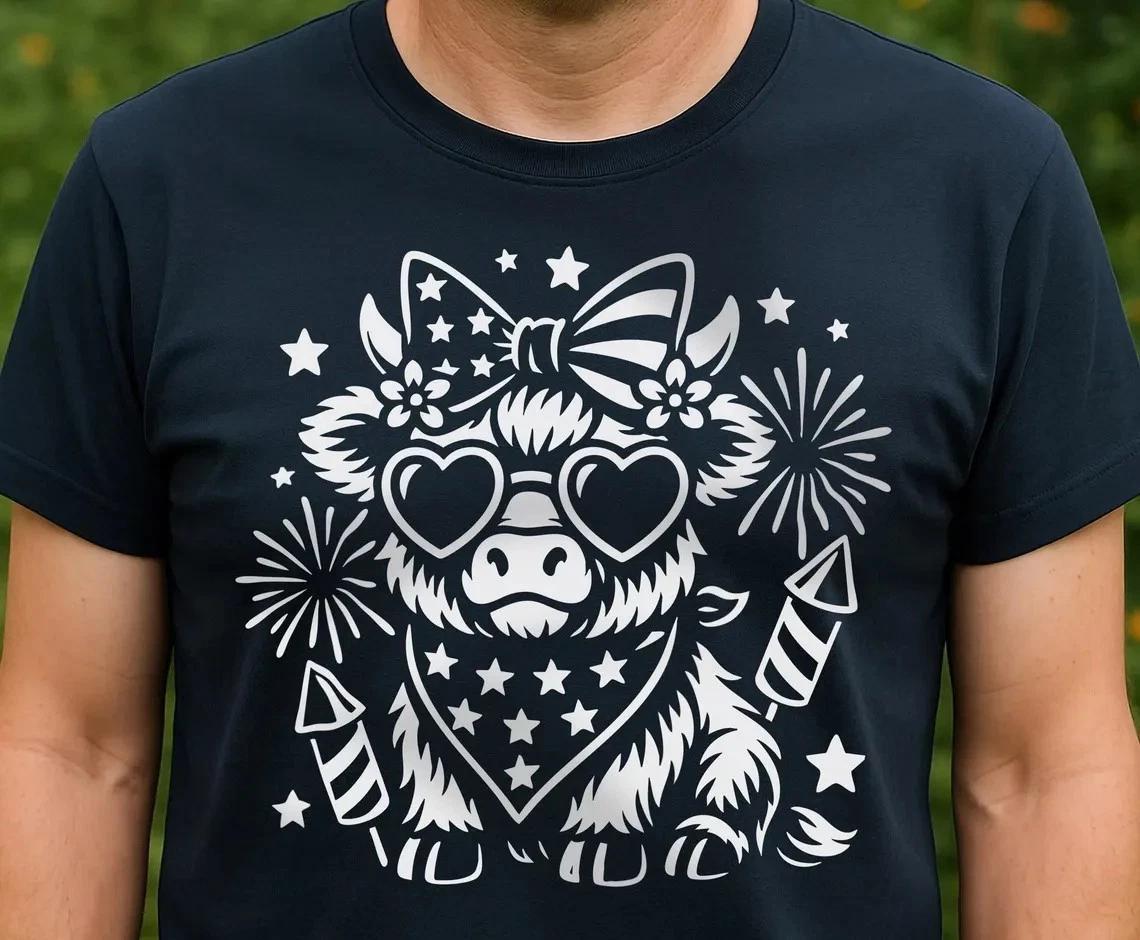 Patriotic Highland Cow 4th of July Graphic Tee USA Fireworks Farm Animal T-shirt S