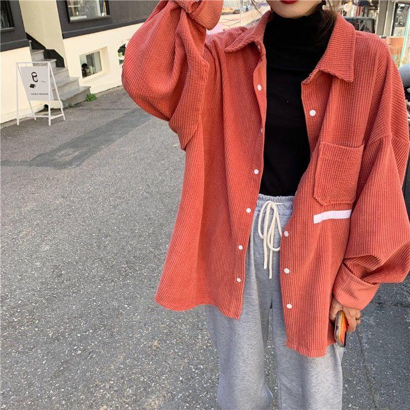 Woman Pocket Decoration Soild Colour Shirts Japanese Retro Loose Long Sleeved Shirt Autumn Women's Versatile Single Breasted Top