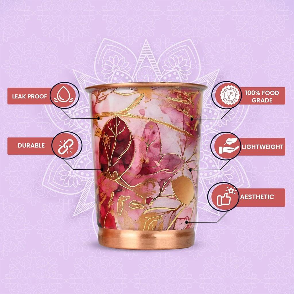 Copper Printed Design 250ML Water Glass with Rust Proof for Home and Office Use Ayurveda and Yoga Health Benefits Glass Set of 6 (Pink Gold)