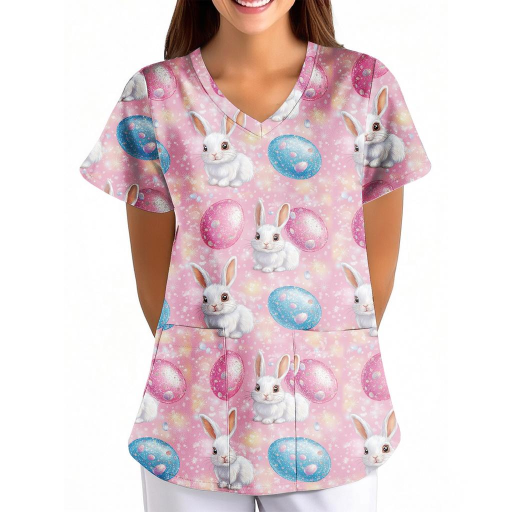 Women's Easter Print Loose V-Neck Pocket Short-Sleeve Caregiver/ Uniform