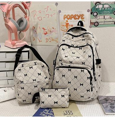 Cute 3-in-1 Bowknot Backpack Set for Girls Large Capacity Printed School Bag with Storage Pouches