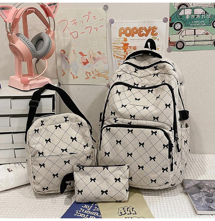New Casual Fashionable Versatile Bowknot Backpack Cute Minimalist Large Capacity Printed School Bag 3-in-1 Storage Bag Set