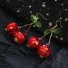3D Red Cherry Fruit Drop Dangle Earrings Crystal Green Leaf Funny Earrings for Women Girls Tassel Aesthetic Jewelry