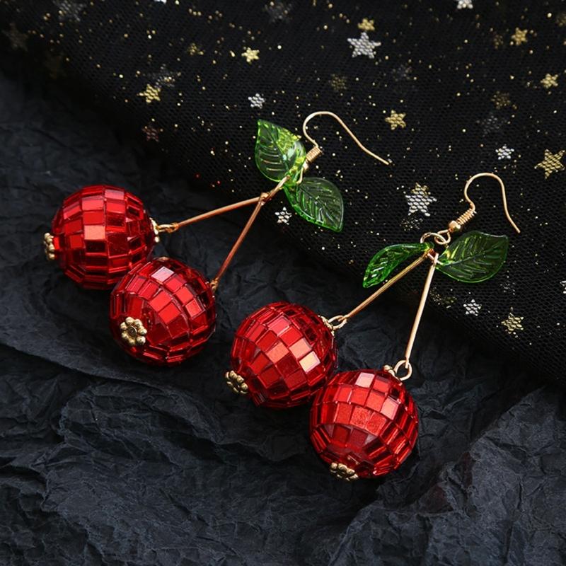 3D Red Cherry Fruit Drop Dangle Earrings Crystal Green Leaf Funny Earrings for Women Girls Tassel Aesthetic Jewelry