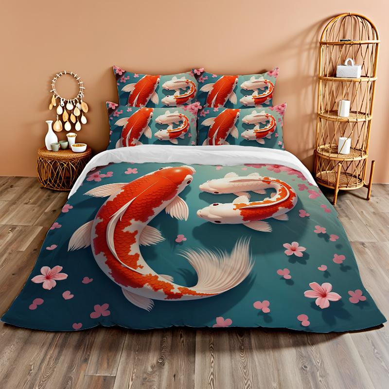 3D Digital Printing Bedding Two Or Three-Piece Set Koi Rich Flower Polyester Quilt Cover