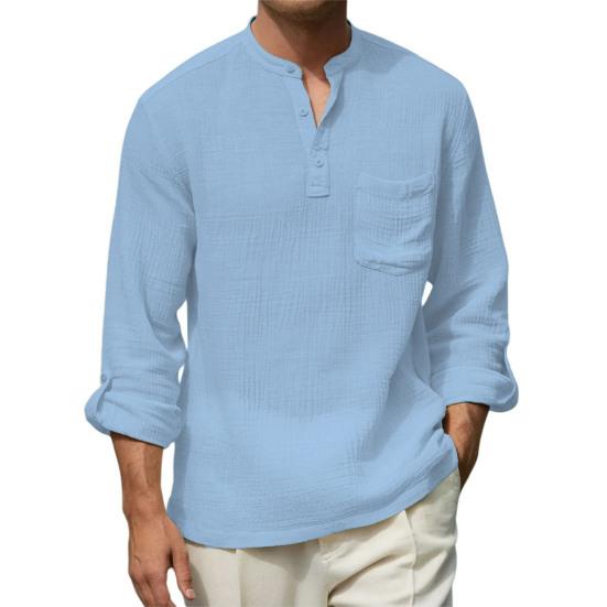 Chemise en Coton et Lin pour Homme à Manches Longues et Col Mao avec Poche sur la Poitrine Couleur Unie Chemise Décontractée de Vacances pour Voyage Été Plage Vacances Usage Quotidien