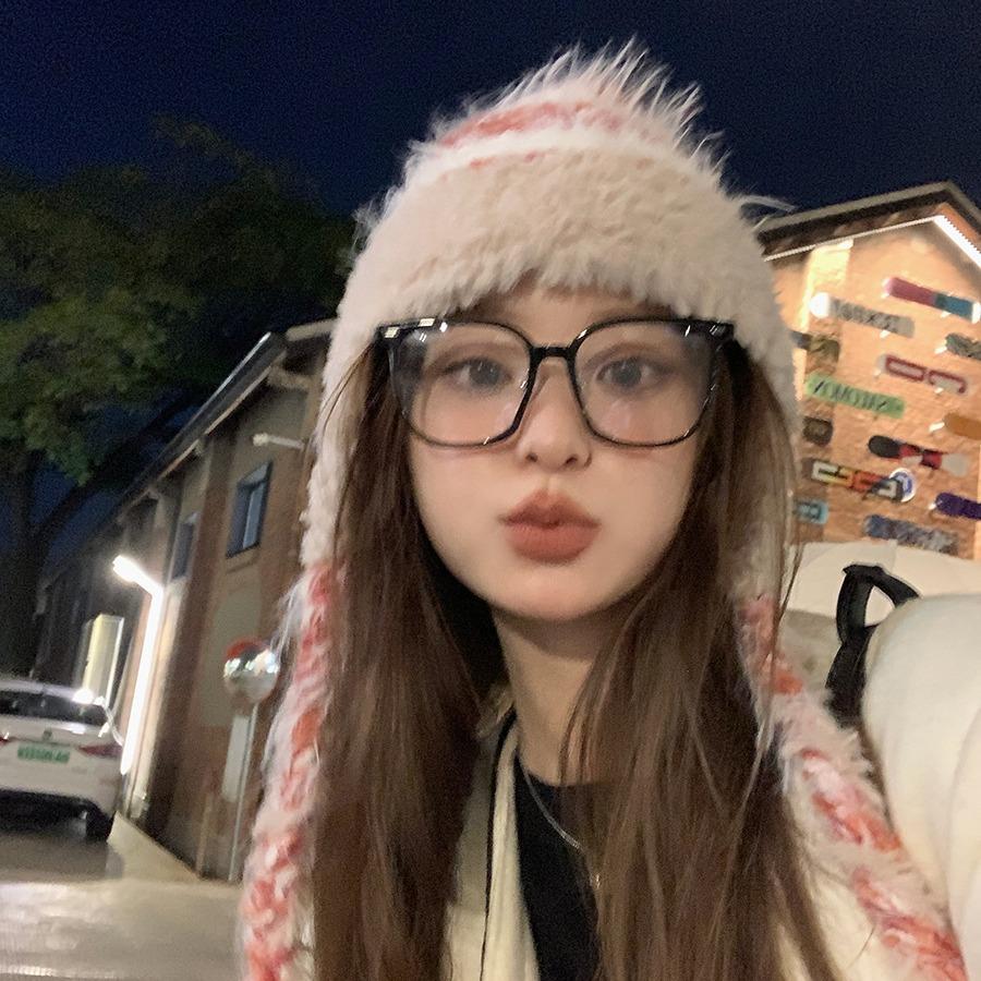 Winter Striped Splicing Knitted Wool Hat Autumn and Winter Women's Thickened Warm and Cold Ear Protector Pullover Hat