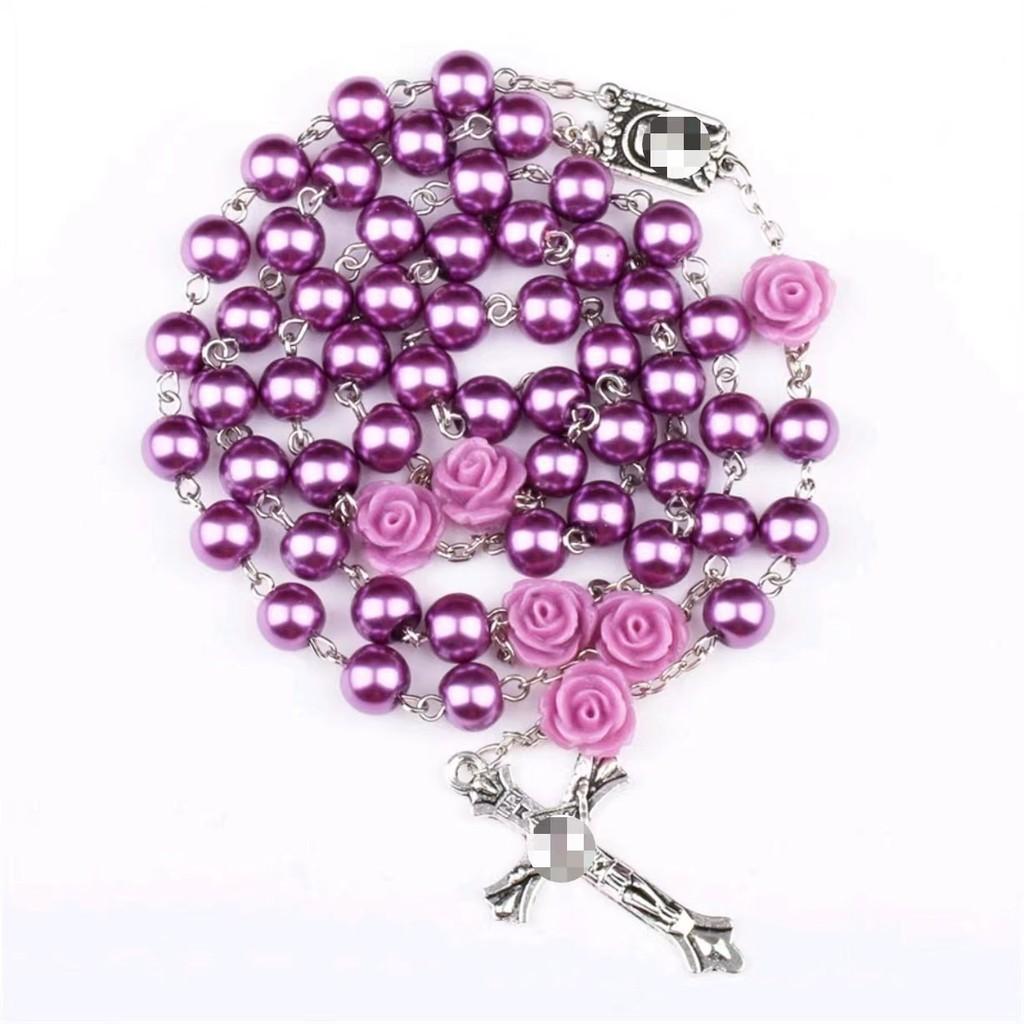 Roses Women Round Bead Necklace Cross Pendant Alloy Material Valentine Gift Day